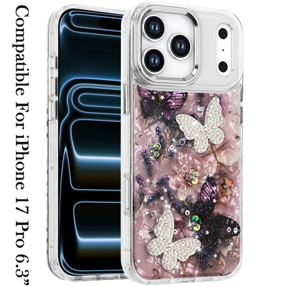 For Apple iPhone 17 Pro (6.3") Epoxy Glitter Flowers Bling 3D Butterfly Fashion TPU Hybrid with Shockproof Protection Case Cover