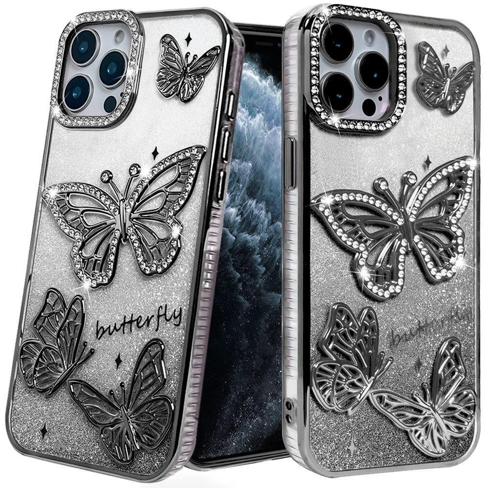 For Apple iPhone 11 Pro Max Luxury Butterfly Sparkle Glitter Diamond Crystal Rhinestone Shimmer Bling Plating Thick TPU Hard PC Case Cover