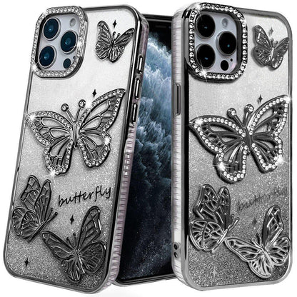 For Apple iPhone 11 Pro Max Luxury Butterfly Sparkle Glitter Diamond Crystal Rhinestone Shimmer Bling Plating Thick TPU Hard PC Case Cover