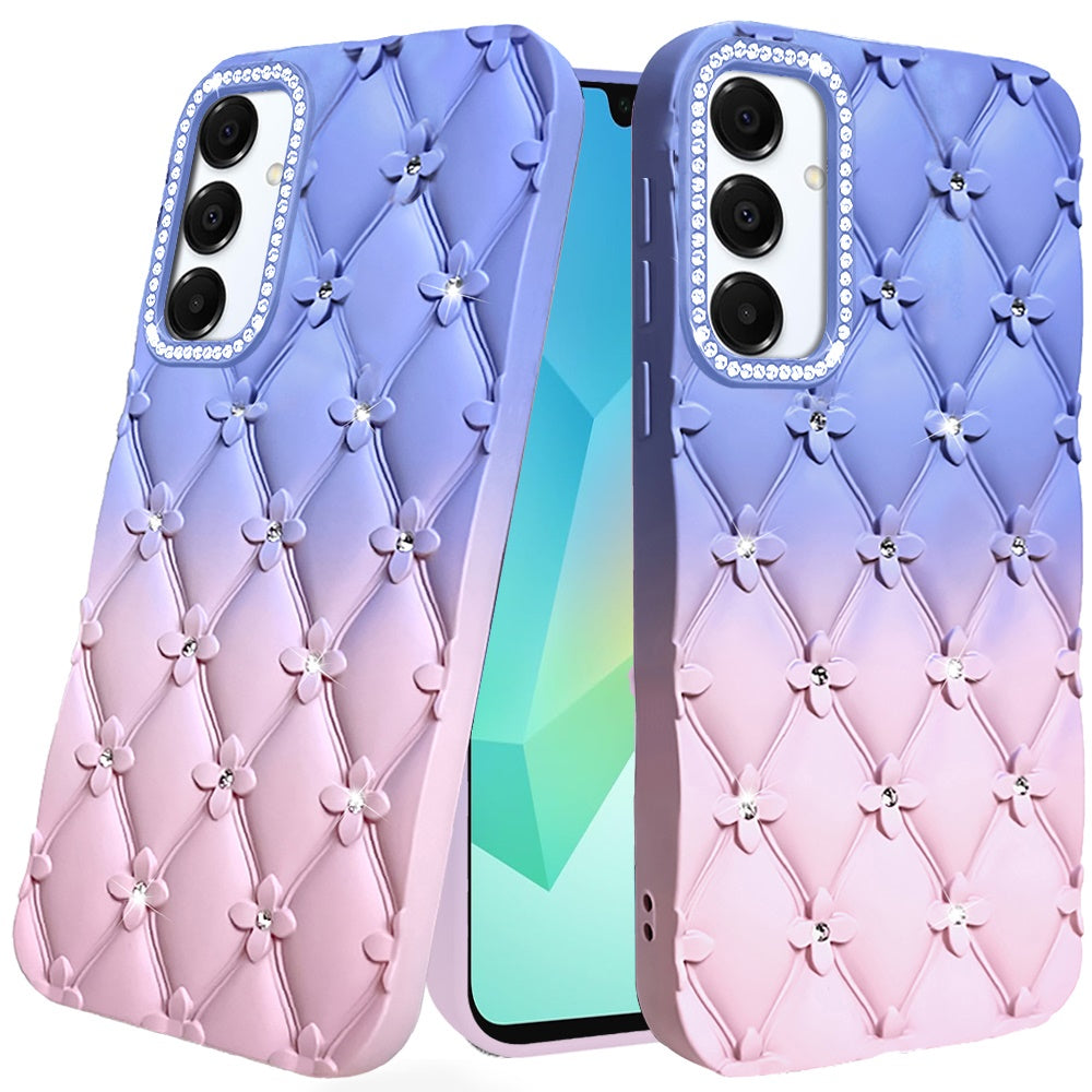 For Samsung Galaxy A16 5G Fashion Flower Design Sparkle Glitter Shimmer Rhinestone Bling Floral Accents, Leather Texture TPU Case Cover