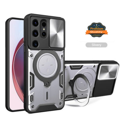For Samsung Galaxy S25 Fan Edition /Galaxy S25 FE Hybrid Shockproof with Magnetic Ring Stand, Compatible with Magsafe & Sliding Camera Lens Protector Case Cover