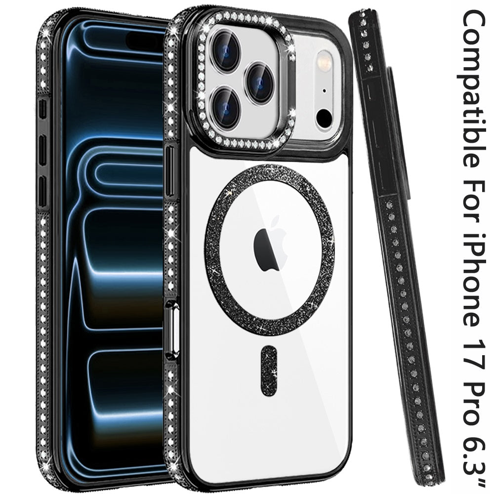 Phone Case for Apple iPhone 17 Pro Luxury Diamond Bling Edged Magnetic Glitter Shockproof Hybrid with Camera Kickstand Durable Grip Cover