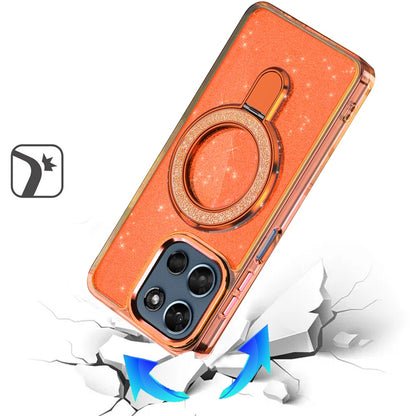 For Motorola Moto G 5G 2026/2025 Transparent Glitter Bling Case with Rotating Magnetic Ring Stand, Shockproof Hybrid Case Cover Cosmic Orange