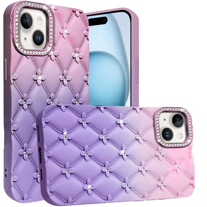 For Apple iPhone 16 (6.1") Fashion Flower Design Sparkle Glitter Shimmer Rhinestone Bling Leather Feel Thick TPU Rubber Hard PC Case Cover