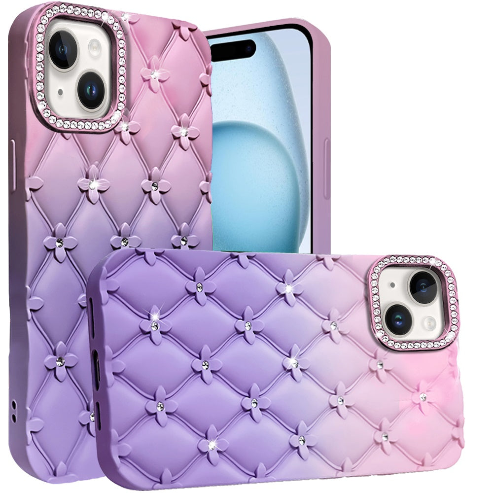 For Apple iPhone 12 / 12 Pro Fashion Flower Design Sparkle Glitter Shimmer Rhinestone Bling Leather Feel Thick TPU Rubber Hard PC Case Cover