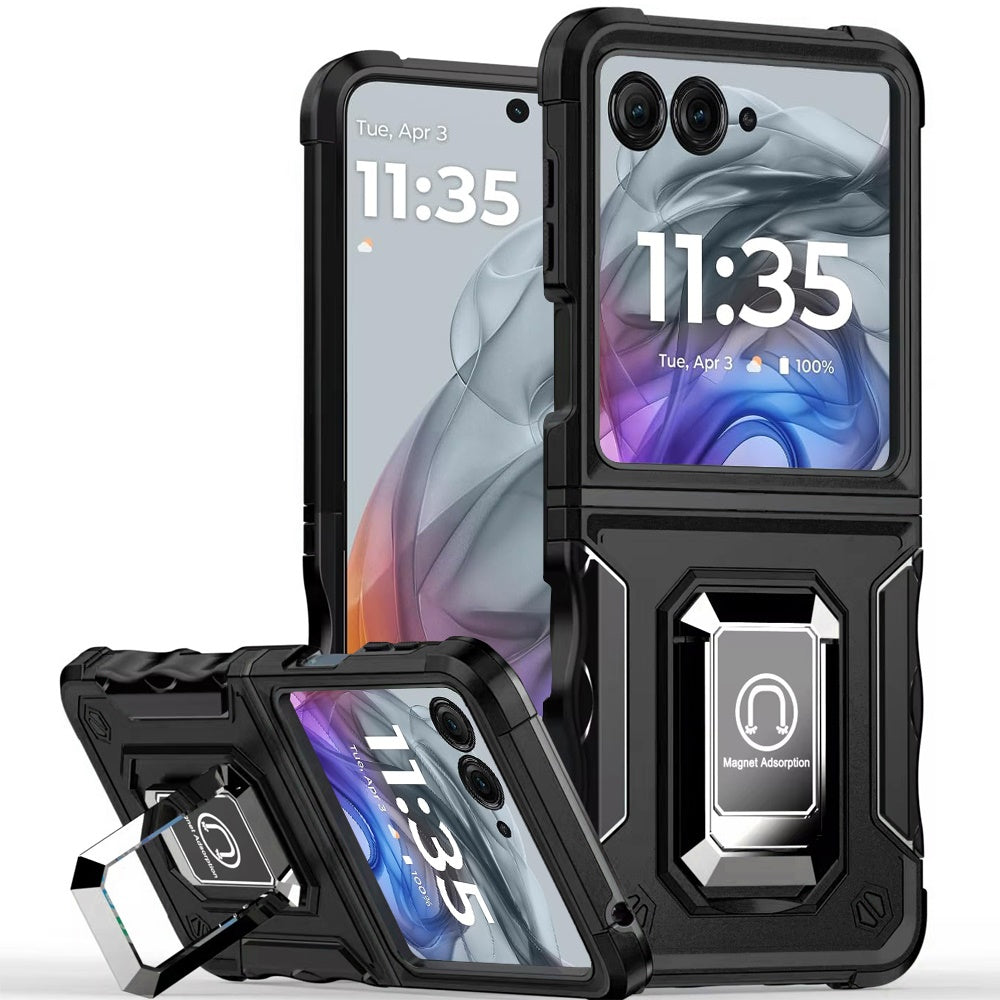 For Samsung Galaxy Z Flip 7 FE Hybrid Stand Magnetic Ring Holder Kickstand Heavy Duty Rugged Drop Silicone & Hard PC Shockproof Case Cover Black