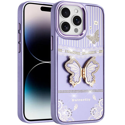 For iPhone 14 Pro Max (6.7") Glitter 3D Butterfly Design Bling Metallic Edge Hybrid Stand Drop Protection TPU Shockproof Case Cover Red