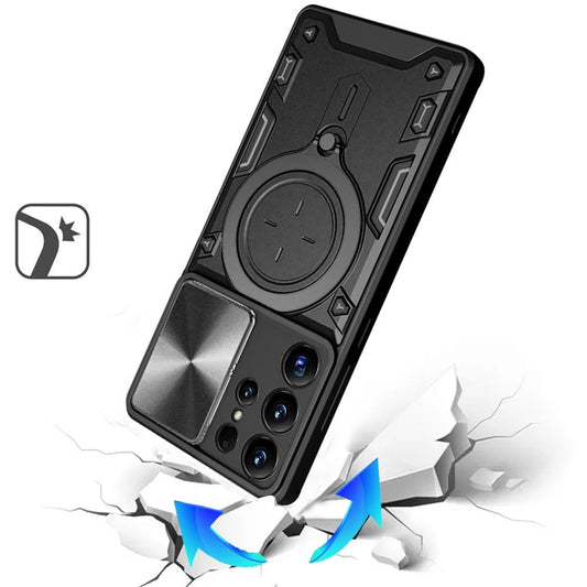 Phone Case for Galaxy S25 Ultra Magnetic Ring Stand Shockproof Hybrid Full Camera Slide Guard Anti Slip Heavy Duty Protective Armor Cover