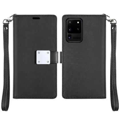 For Samsung Galaxy S20 Ultra Wallet Cases PU Leather with Credit Card /ID /Cash Holder Slot Dual Flip Book Pouch, Stand and Strap Case Cover Black