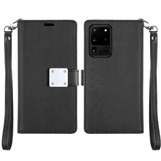 For Samsung Galaxy S20 Ultra Wallet Cases PU Leather with Credit Card /ID /Cash Holder Slot Dual Flip Book Pouch, Stand and Strap Case Cover Black