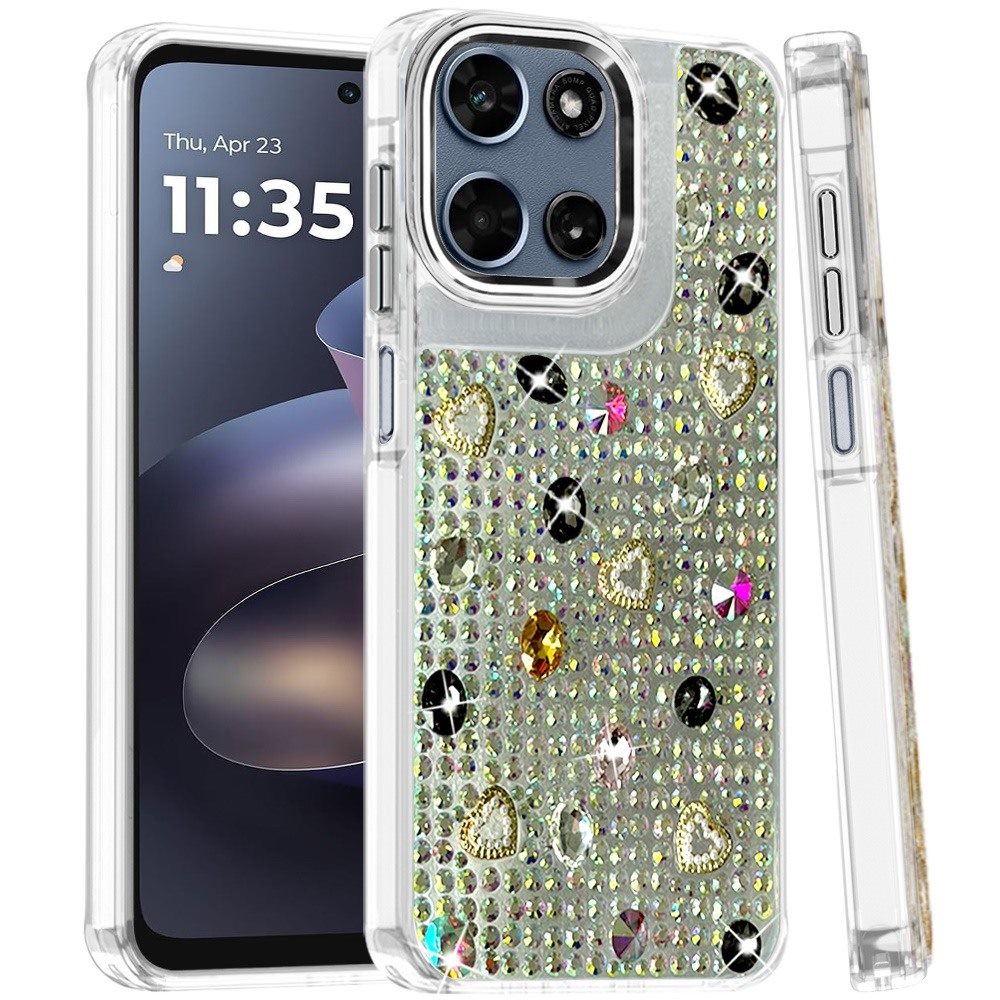 Phone Case for Motorola Moto G Play 5G 2026 Chrome Fashion Hybrid Bling Diamond Heart Rhinestone Decorative Stones Sparkling Embellished Design Cover Black