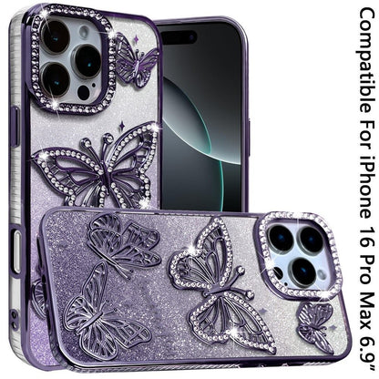 Phone Case for Apple iPhone 16 Pro Max Butterfly Freedom Shimmer Glitter Thick TPU Shockproof Anti Slip Durable Protective Design Cover