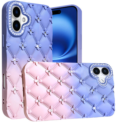 For Apple iPhone 17 (6.3") Fashion Flower Design Sparkle Glitter Shimmer Rhinestone Bling Floral Accents, Leather Texture TPU Case Cover