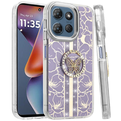 Phone Case for Motorola Moto G Play 5G 2026 Floral Butterfly Ring Stand Glitter Bling Shockproof Hybrid Luxury Fashion Protective Anti Slip Durable Grip Cover