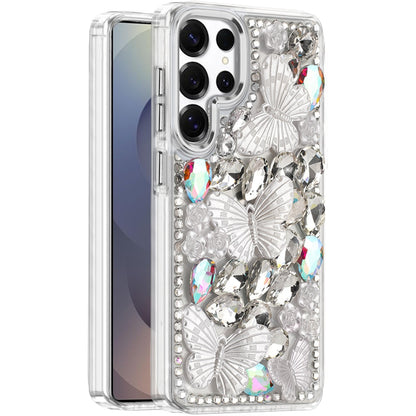For Apple iPhone 13 Pro Max 3D Diamond Floral Butterfly Bling Stone Hybrid, Sparkly Rhinestone Gemstone Back Shockproof Case Cover