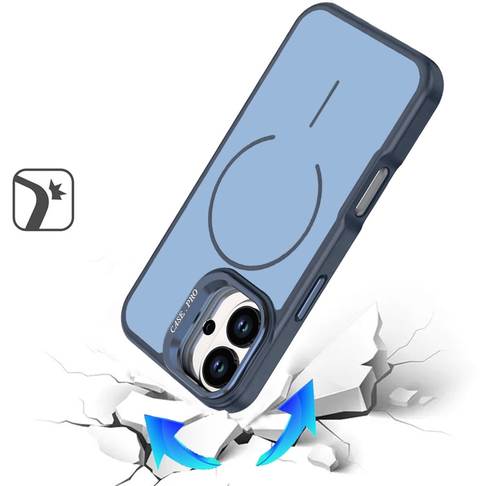For Apple iPhone 17 (6.3") Magnetic Matte Metal Camera Stand Hybrid Drop Protection Durable Shockproof Slim Fit Design Case Cover Navy Blue