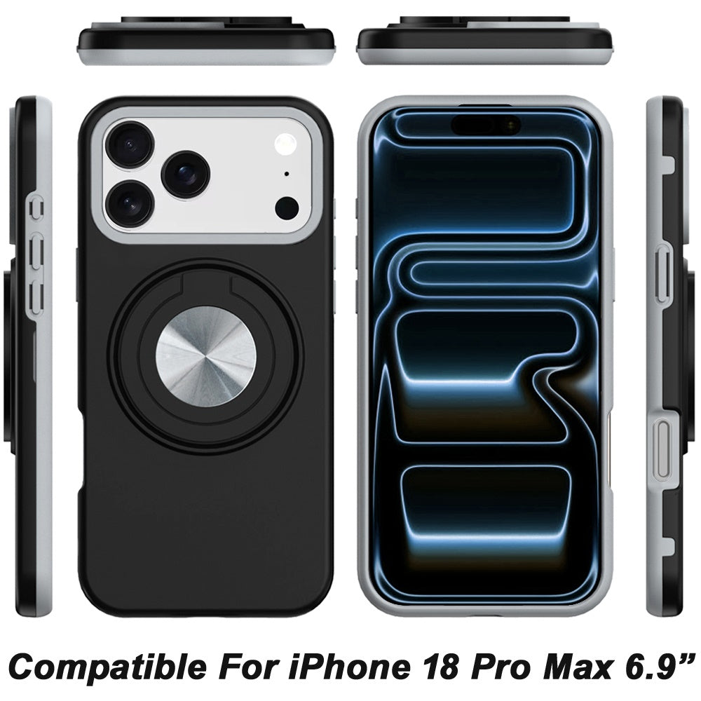 Phone Case for Apple iPhone 18 Pro Max Shockproof Magnetic Ring Stand Rotating CarMount Hybrid Metal Matte Finish AntiSlip Grip Kickstand Cover Black