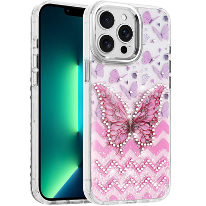 For Apple iPhone 13 Pro Max Butterfly Resin Epoxy Diamond Design Metal Edged Hybrid Shockproof Heavy Duty Drop Protection Case Cover