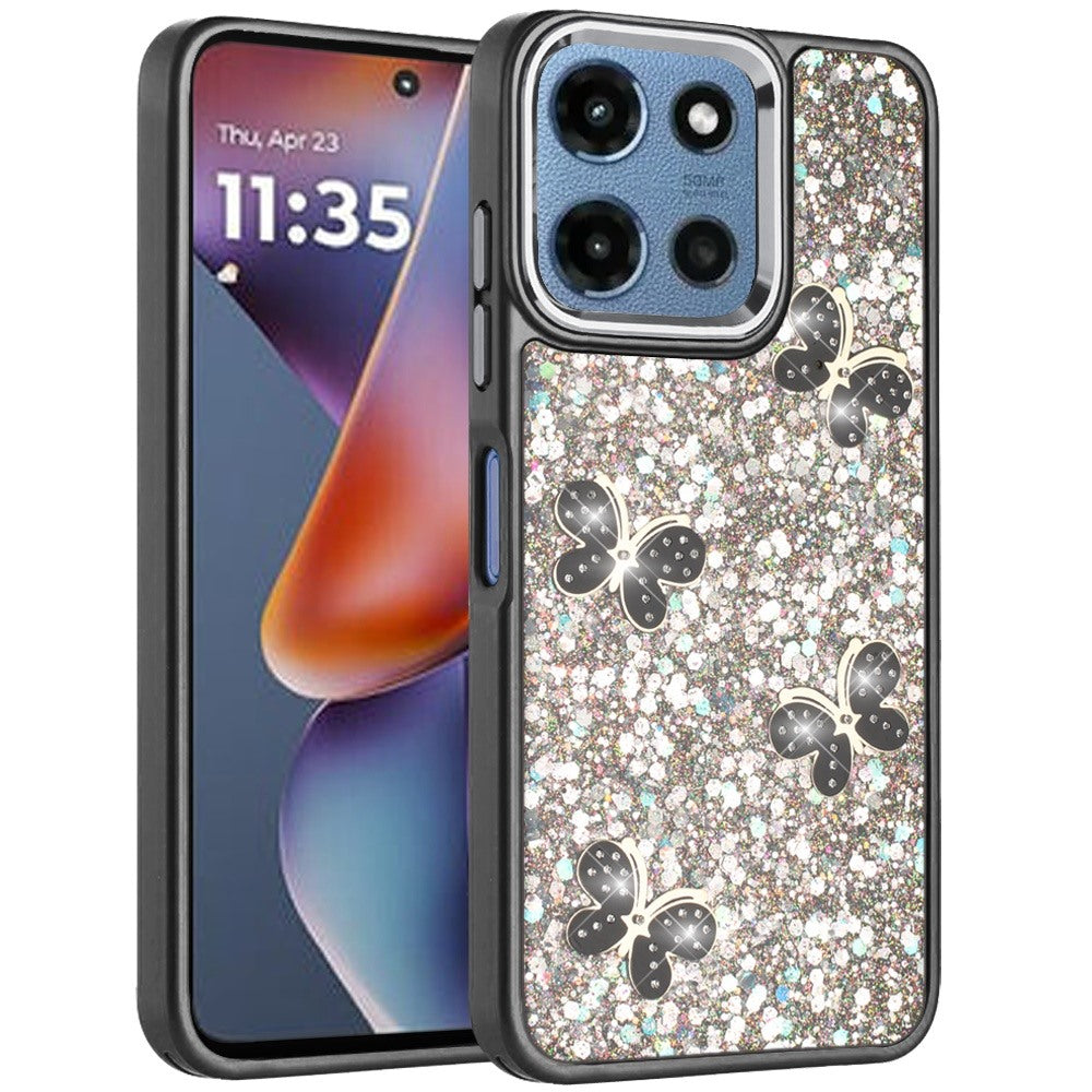 Phone Case for Motorola Moto G Play 5G 2026 Cute Butterfly Diamond Glitter Metallic Hybrid Shockproof Shimmer Grip Stylish Protective Luxury Designer Cover