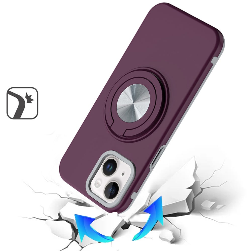 Phone Case for iPhone 15 Shockproof Magnetic Ring Stand Rotating CarMount Hybrid Metal Matte Finish AntiSlip Grip Kickstand Cover Red