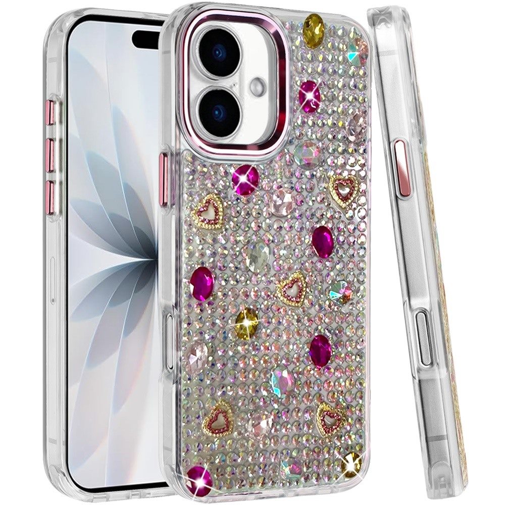 Phone Case for Apple iPhone 18 Chrome Fashion Hybrid Bling Diamond Heart Rhinestone Decorative Stones Sparkling Embellished Design Cover
