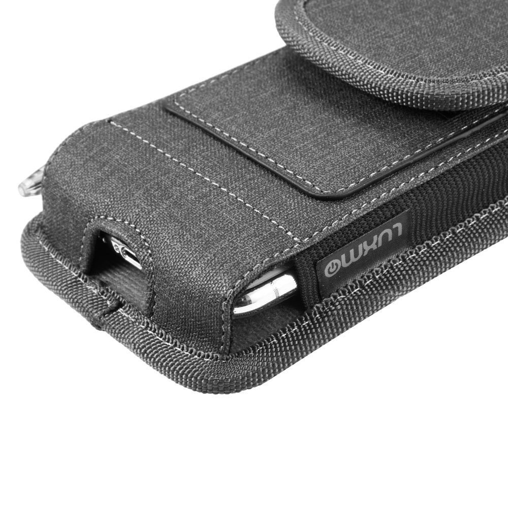 For Apple iPhone 16 Pro (6.3") Universal Vertical Fabric Case Holster with Dual Credit Card Slots, Belt Loop & Carabiner Carrying Phone Pouch [Black]