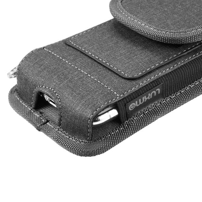For Apple iPhone 16 Pro (6.3") Universal Vertical Fabric Case Holster with Dual Credit Card Slots, Belt Loop & Carabiner Carrying Phone Pouch [Black]