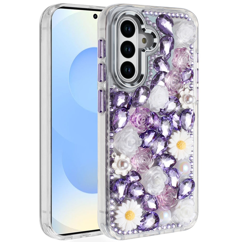 For Samsung Galaxy S25 /S24 Fashion Daisy Floral Series, Full 3D Bling Crystal Diamonds Sparkling Rhinestone Glitter Hybrid Design Case Cover