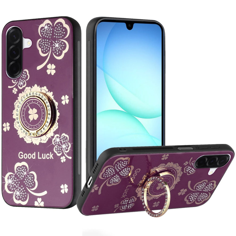Phone Case for Samsung Galaxy A17 5G Diamond Glitter Butterfly Engraved Ring Stand Luxury Bling Hybrid Shockproof Chrome Edge Protective Durable Grip Cover Purple