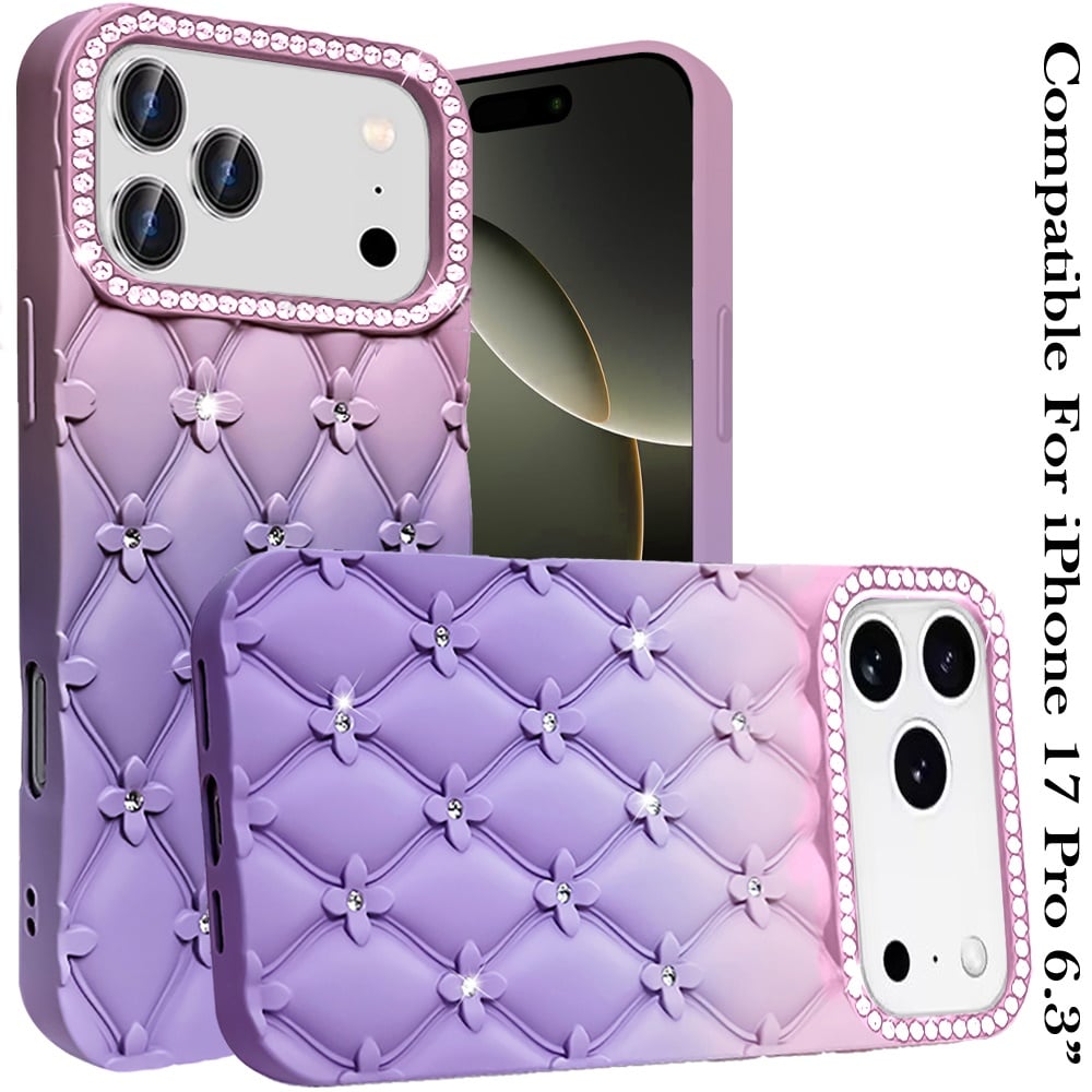 For Apple iPhone 17 Pro (6.3") Fashion Flower Design Sparkle Glitter Shimmer Rhinestone Bling Floral Accents, Leather Texture TPU Case Cover