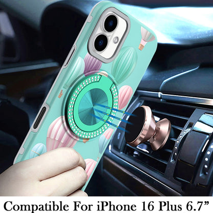 For Apple iPhone 16 Plus Pattern Design Hybrid with Invisible Ring Stand & Magnetic Back, Shockproof Protective Grip Case Cover Hot Air Balloon