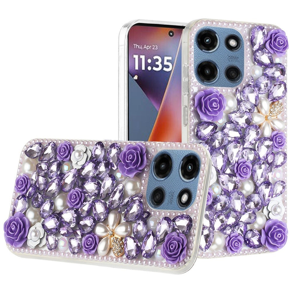 Phone Case for Motorola Moto G Play 5G 2026 Rose Flower Full Diamond Bling Rhinestone Glitter Luxury Stylish Sparkle Protective Designer Hybrid Cover Purple