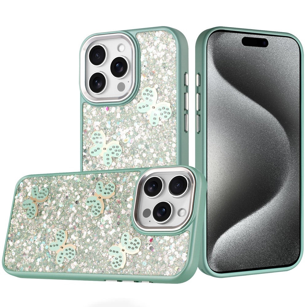For Apple iPhone 15 Pro Max Cute Butterfly Crystal Diamond Glitter Case Sparkle Bling Frame Metallic Edges, Shimmer TPU Hybrid Case Cover