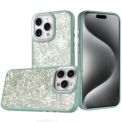 For Apple iPhone 15 Pro Max Cute Butterfly Crystal Diamond Glitter Case Sparkle Bling Frame Metallic Edges, Shimmer TPU Hybrid Case Cover