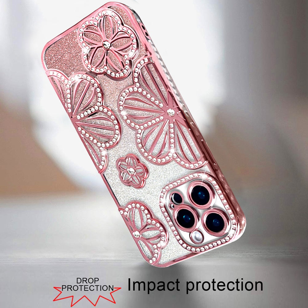 Phone Case for Apple iPhone 14 Pro Max Shimmer Glitter Floral Thick TPU Shockproof Durable Grip Camera Protection Anti-Scratch Stylish Design Cover Rose Gold
