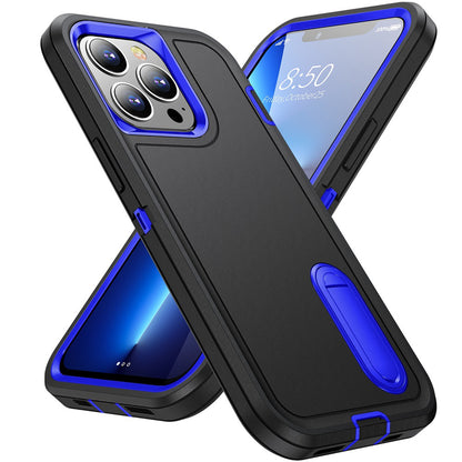 For Apple iPhone 16 (6.1") Hybrid 3 Layers Hard 3in1 Shockproof with Kickstand Heavy Duty Hard TPU Rubber Anti-Drop Case Cover Black / Blue