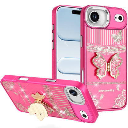 For Apple iPhone 17 Air (6.6") Glitter 3D Butterfly Design Bling Metallic Edge Hybrid Stand Drop Protection TPU Shockproof Case Cover