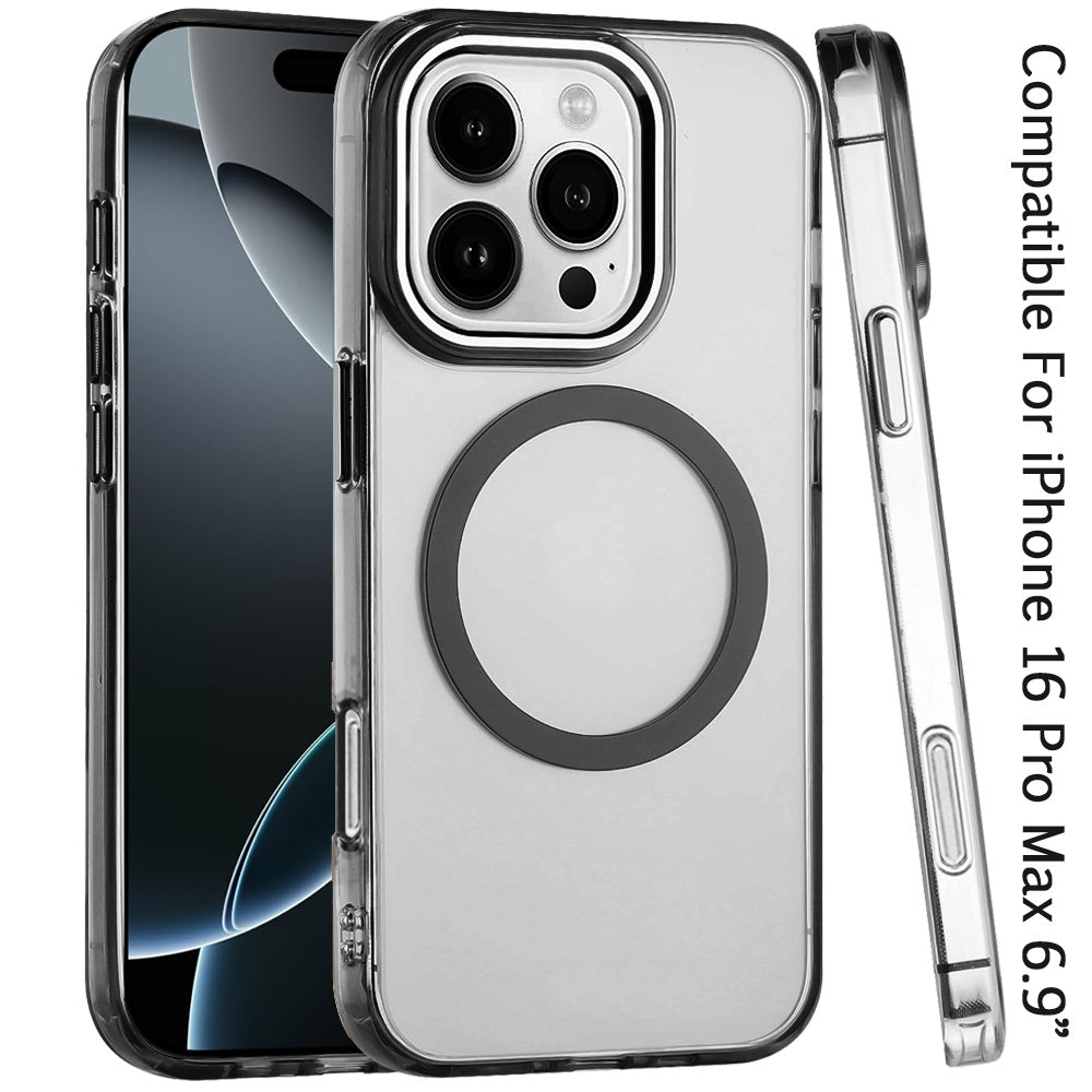 For iPhone 16 Pro Max (6.9") Transparent Back Hybrid Case - Magnetic Circle, Color Frame, Metal Buttons, MagSafe Compatible Protector
