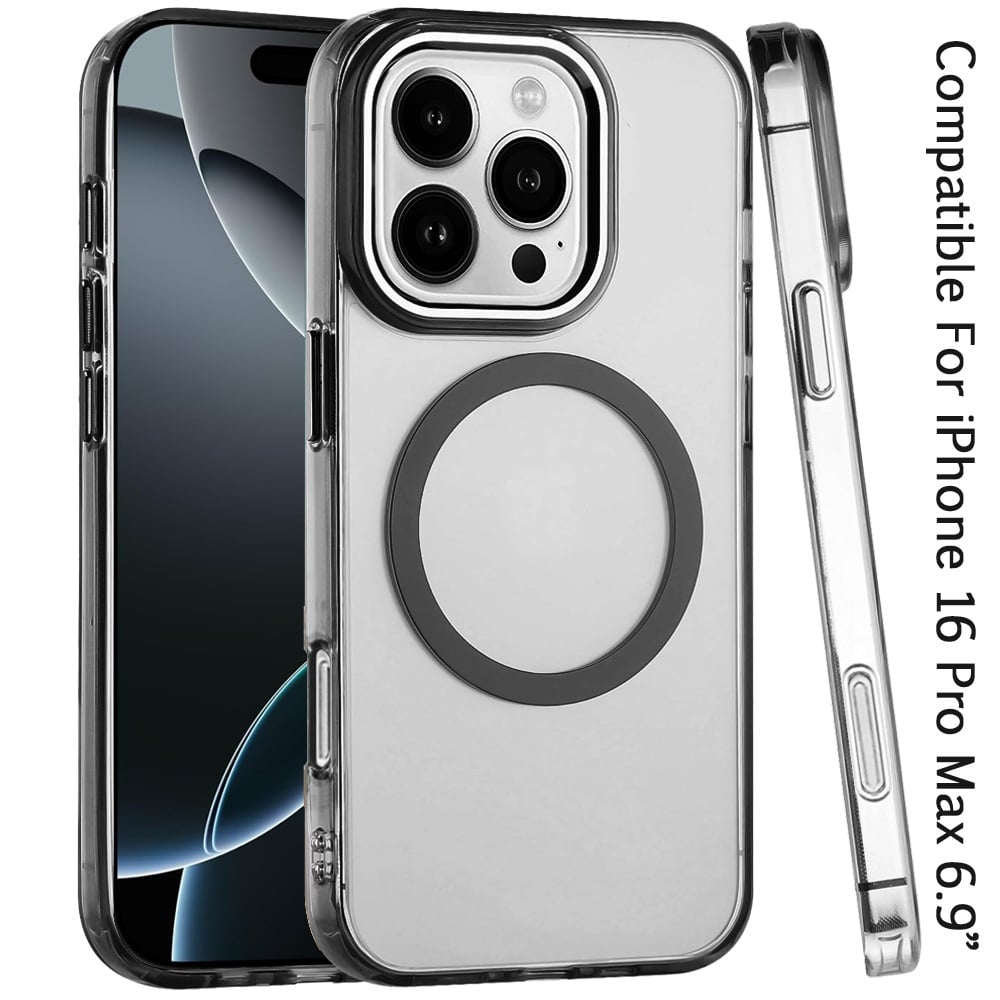 For iPhone 16 Pro Max (6.9") Transparent Back Hybrid Case - Magnetic Circle, Color Frame, Metal Buttons, MagSafe Compatible Protector