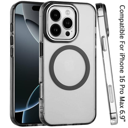 For iPhone 16 Pro Max (6.9") Transparent Back Hybrid Case - Magnetic Circle, Color Frame, Metal Buttons, MagSafe Compatible Protector