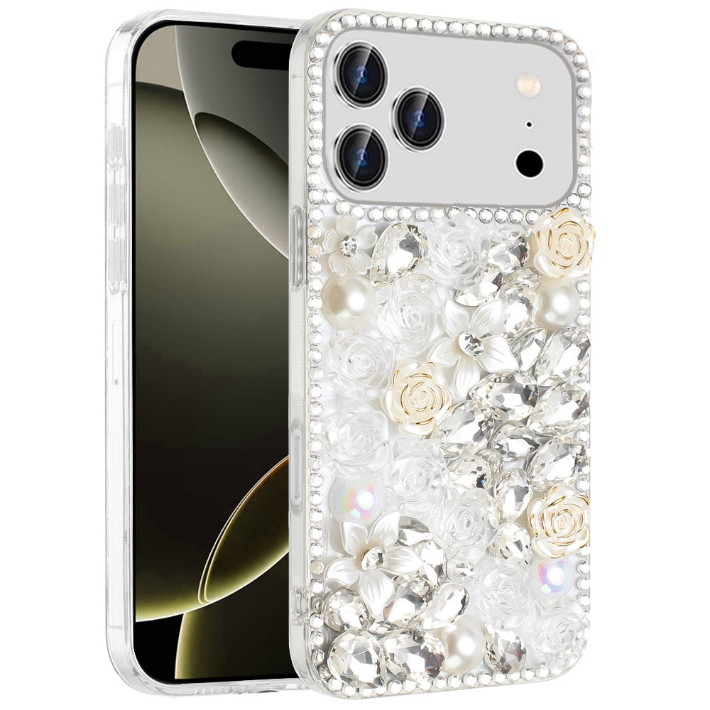 Phone Case for Apple iPhone 17 Pro Max Rose Flower Full Diamond Bling Rhinestone Glitter Luxury Stylish Sparkle Protective Designer Hybrid Cover