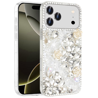 Phone Case for Apple iPhone 17 Pro Max Rose Flower Full Diamond Bling Rhinestone Glitter Luxury Stylish Sparkle Protective Designer Hybrid Cover