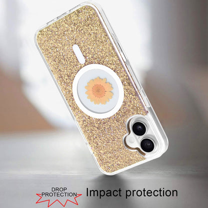 For Apple iPhone 16e MagSafe Compatible Glitter Flower Epoxy Hybrid Slim TPU Case, Magnetic Circle Design, Sparkly Bling Protective Case Cover