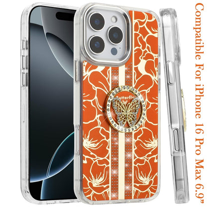 For iPhone 16 Pro Max (6.9") Diamonds 3D Butterfly Floral Design Bling Sparkly Glitter Hybrid Metal Fashion with Ring Stand Case Cover