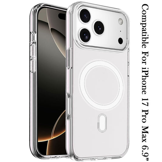 For Apple iPhone 17 Pro Max MagSafe Compatible Transparent Hybrid Case with Magnetic Circle, Shock Absorption TPU Rubber Case Cover Clear