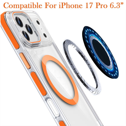 For Apple iPhone 17 Pro (6.3") Hybrid Clear Back Case with Invisible Camera Bracket Stand, MagSafe Magnetic Circle, Shockproof Color Frame Case Cover Cosmic Orange