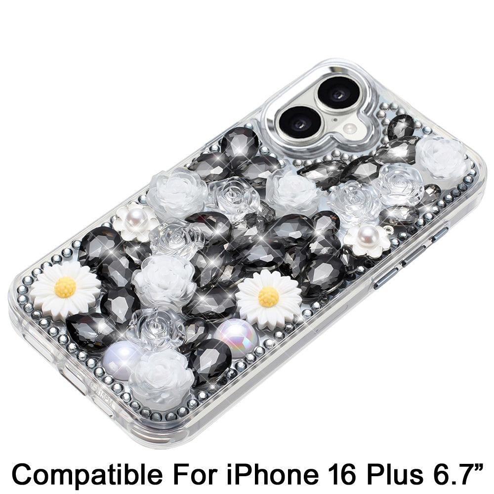 Phone Case for Apple iPhone 16 Plus Full Bling Rhinestone Glitter Floral Luxury Hybrid Shockproof Stylish Sparkling Protective Designer Ornament Cover
