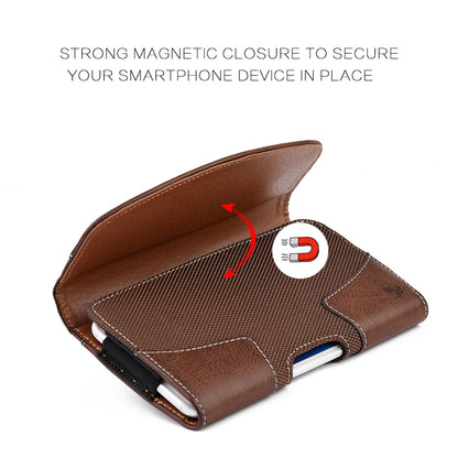 For Apple iPhone 16 (6.1") Horizontal Universal Pouch Case PU Leather Cell Phone Holster with Belt Clip and Card Slot Pocket Cover [Brown]