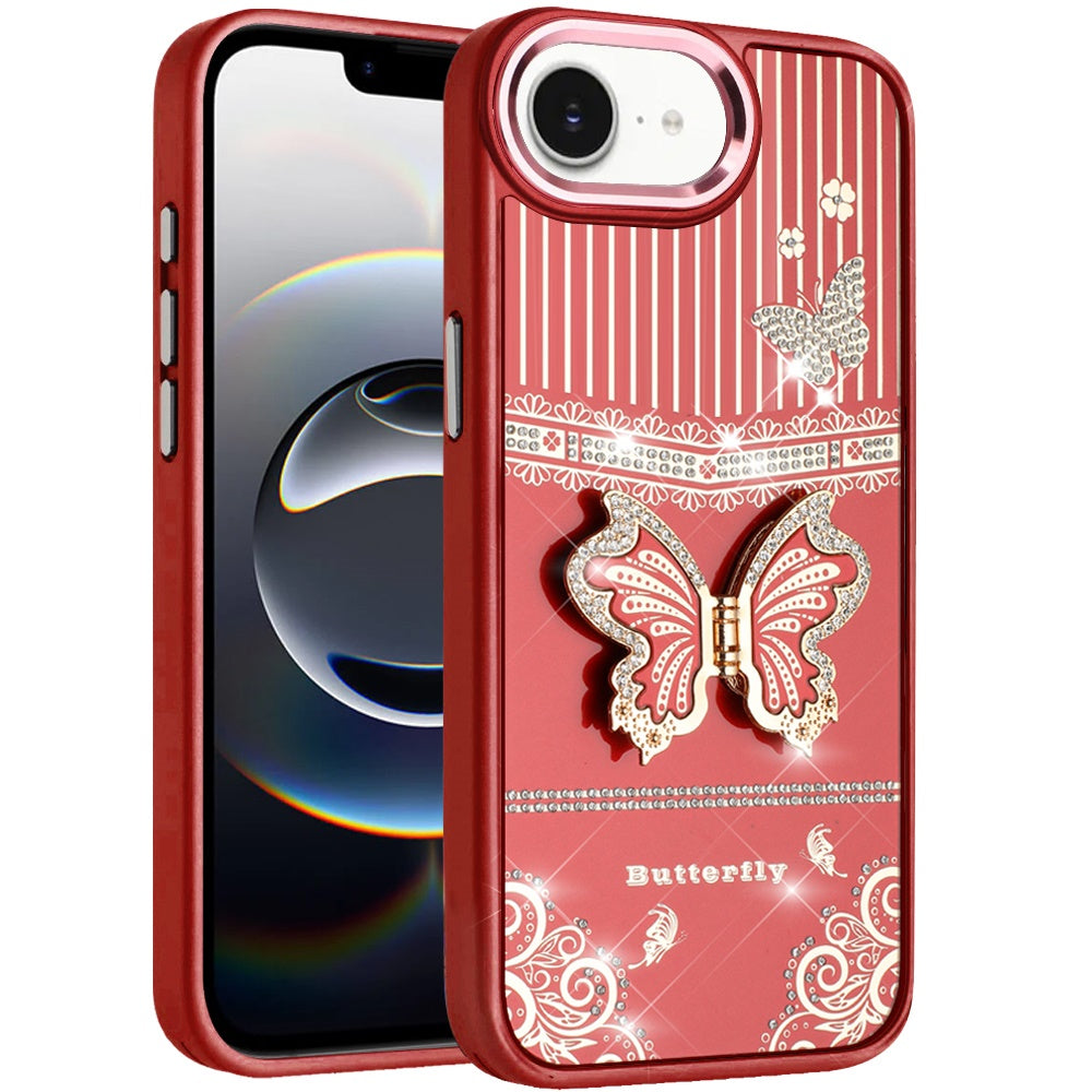 For Apple iPhone 17E /16E Glitter 3D Butterfly Design Bling Metallic Edge Hybrid Stand Drop Protection TPU Shockproof Case Cover