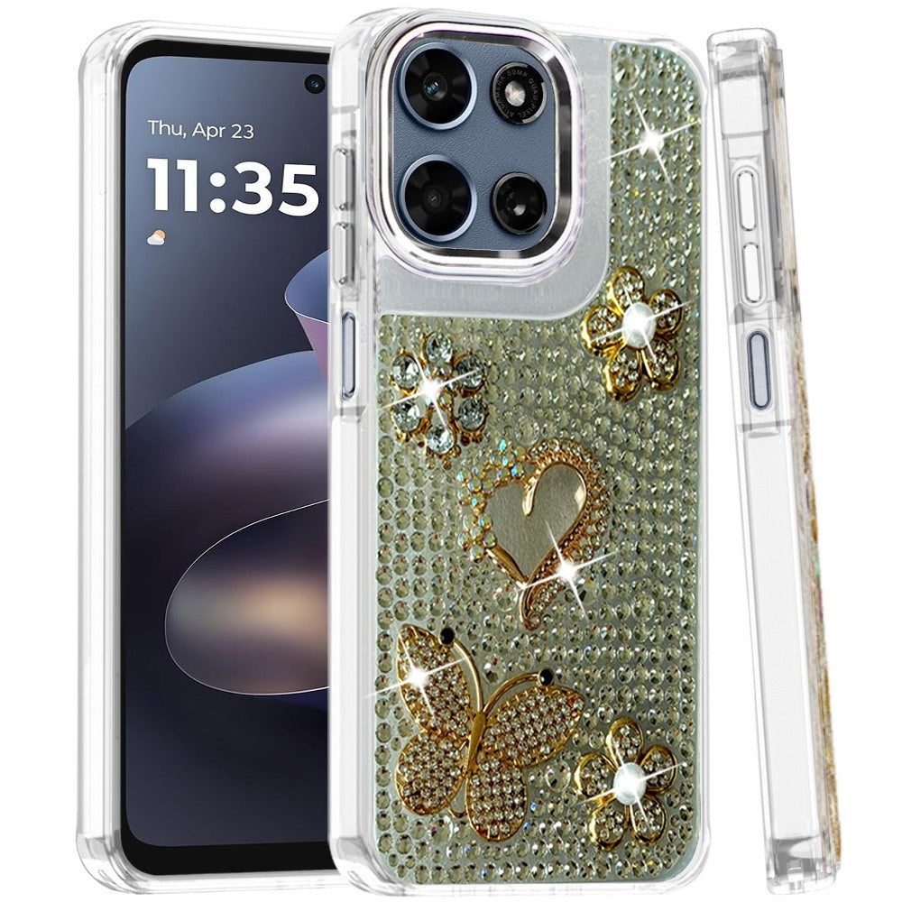 Phone Case for Motorola Moto G Play 5G 2026 Luxury Crystal Butterfly Floral Jeweled Heart Full Diamond Design, Sparkling Decorative Details, Elegant Style Cover Silver
